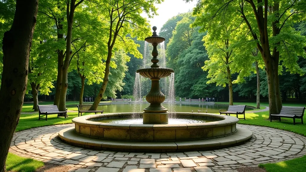 Historický zámecký park s přírodními prvky, benátky a starou kamennou fontánou mezi stromy